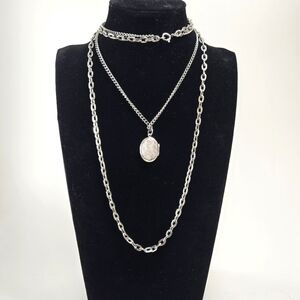 Women's Necklace Double Strand Paper Clip and Cuban Link with Silvertone Locket